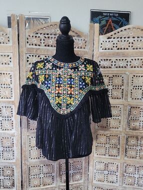 Zara Black Embroidered Boho Yoke Top with Multicolor Floral Accents